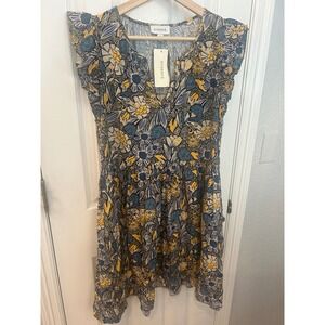 Evereve Greta Mini Dress Blue Yellow Gardenprint Floral Flutter Sleeve V-Neck S